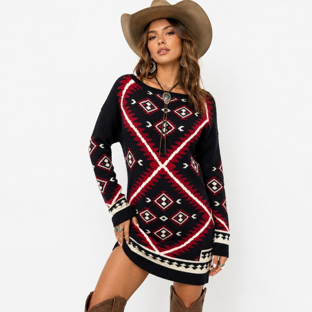 Ralph Lauren Sweater Dress Knit Cotton Southwestern Aztec Navajo Beacon Boho L